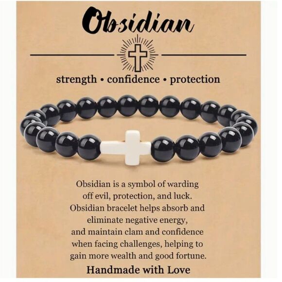 Other - NEW NATURAL STONE CROSS BEAD BRACELET "OBSIDIAN" STRENGTH-CONFIDENCE-PROTECTION